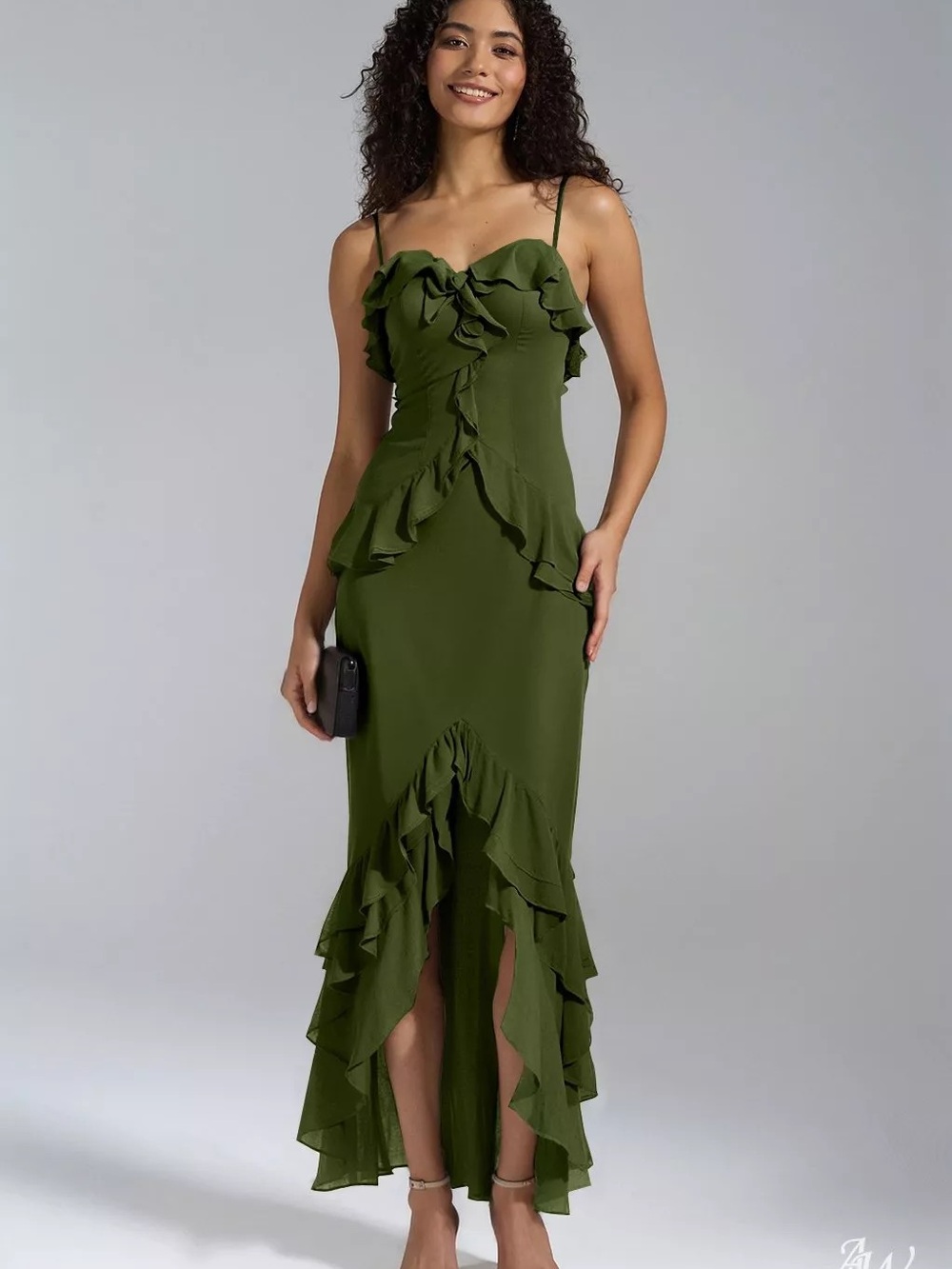 Olive Green Ruffle-Trim Maxi Dress with Spaghetti Straps